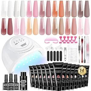 JEWHITENY 14 Colors Poly Extension Gel Nail Kit With Nail Lamp Nude Pink White Brown All In One Poly Nail Gel Starter Kit Poly Gel Nail Kit With Base Top Coat Manicure Salon Frence Nail Art DIY