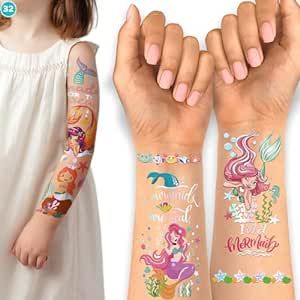 Mermaid Temporary Tattoo Kit - 32 Glitter Full Half Arm Sleeve Fake Tattoos, Gradient Color Sticker for Kids Birthday Party Supplies, Ocean Animal Sea Creatures Favors, Underwater Toy (24 Sheets)