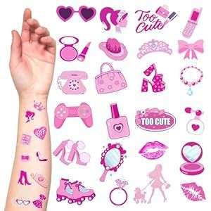 30 Sheets Pink Temporary Tattoos,180 Pieces in 36 Designs Hot Pink Princess Birthday Party Decorations Favors Pink Tattoos for Pink Birthday Party Supplies