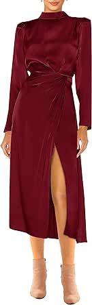 PRETTYGARDEN Women's 2023 Fall Satin Dress Long Sleeve Mock Neck Ruched Side Slit Elegant Silk Cocktail Party Maxi Dresses