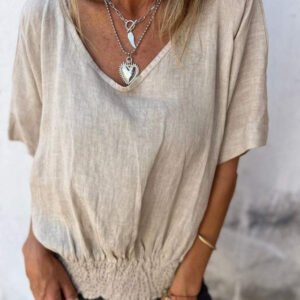 Women's Shirt Blouse Basic Casual Solid Color Regular Tops Short Sleeve V Neck Ruched Regular Fit Daily White Brown Beige Summer Spring 2025 - € 28.99